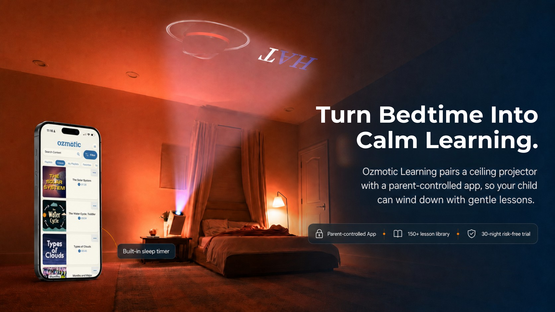 Ozmotic Learning bedtime projector showing calm projected learning in a child's bedroom