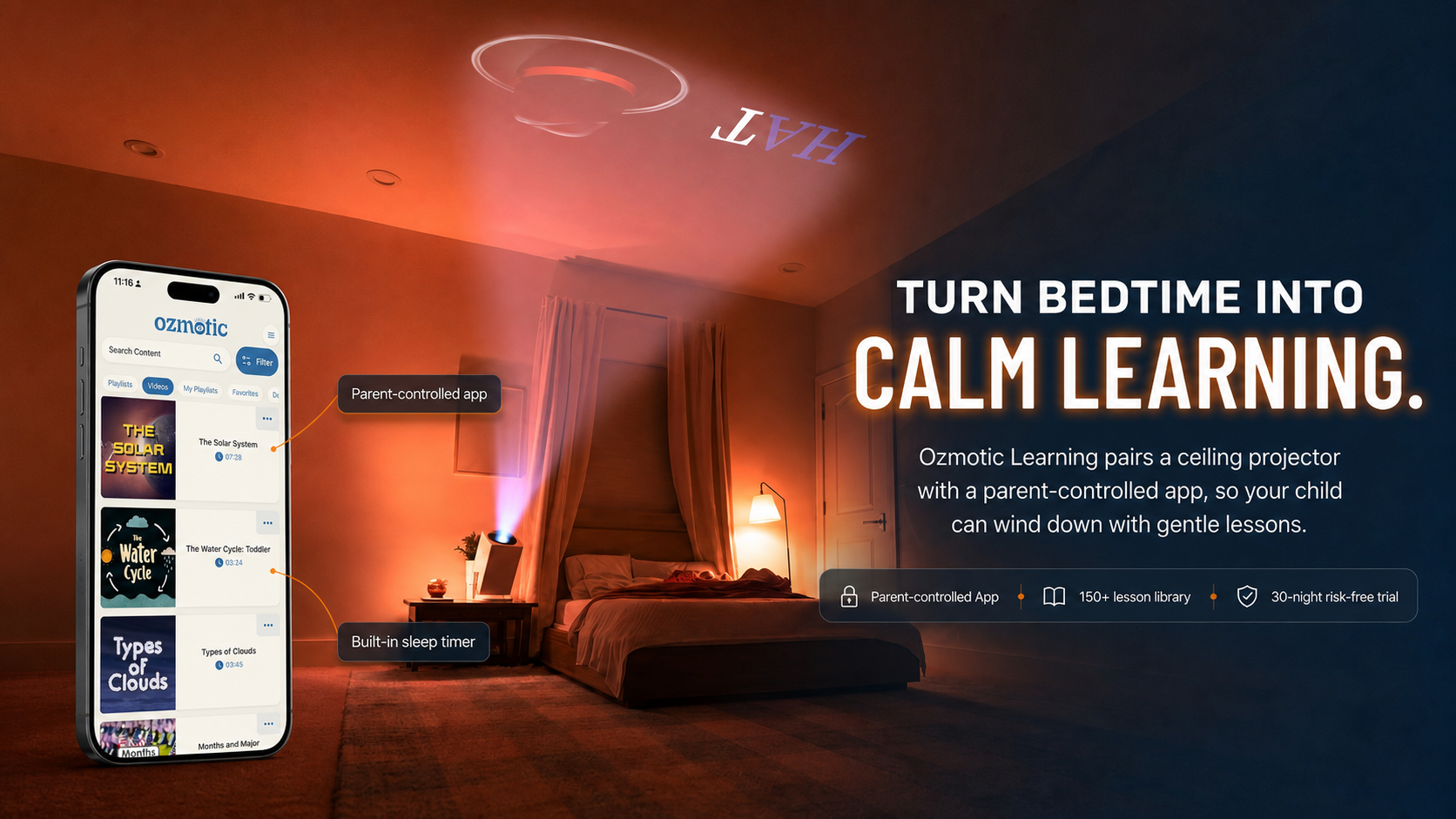 Ozmotic Learning bedtime projector showing calm projected learning in a child's bedroom