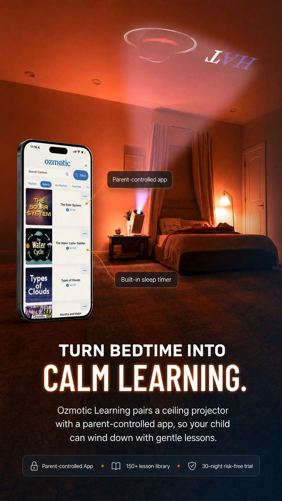 Ozmotic Learning bedtime projector showing calm projected learning in a child's bedroom