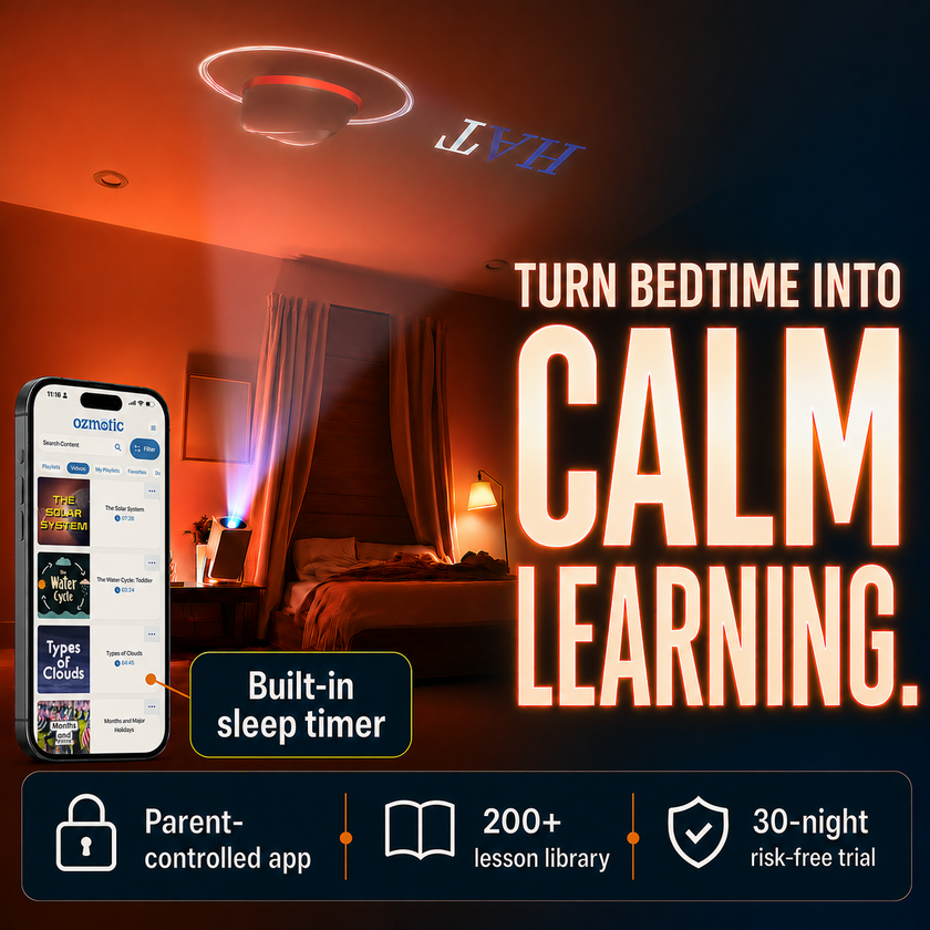 Ozmotic Learning bedtime projector showing calm projected learning in a child's bedroom