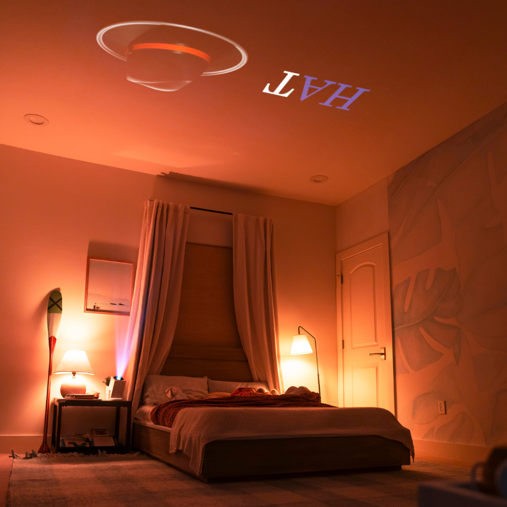 Child watching an Ozmotic lesson projected at bedtime