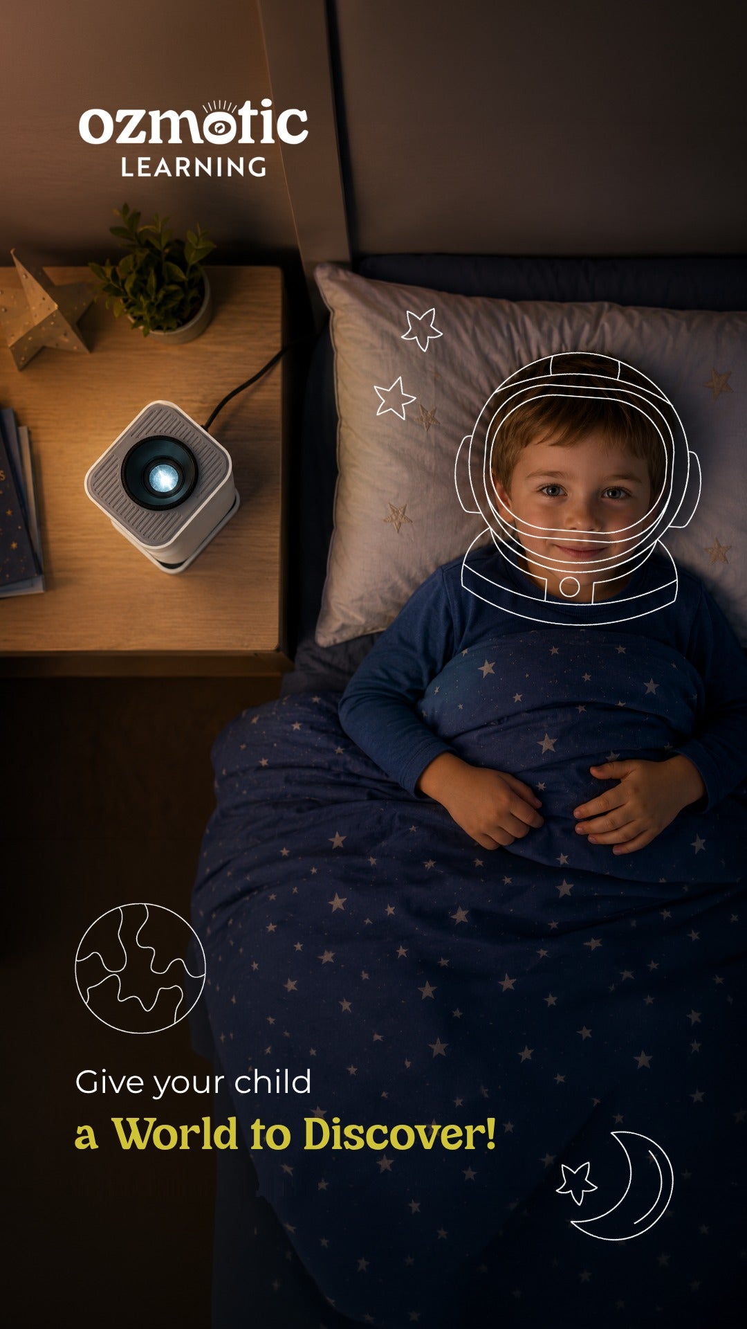 A child watching the Ozmotic projector at bedtime