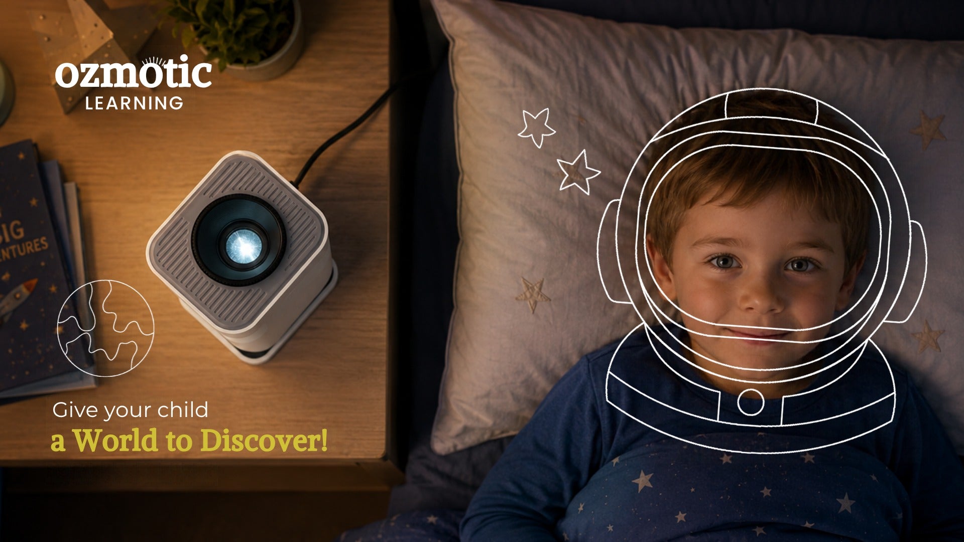 A child in star pajamas with an astronaut outline, and the Ozmotic projector on the nightstand